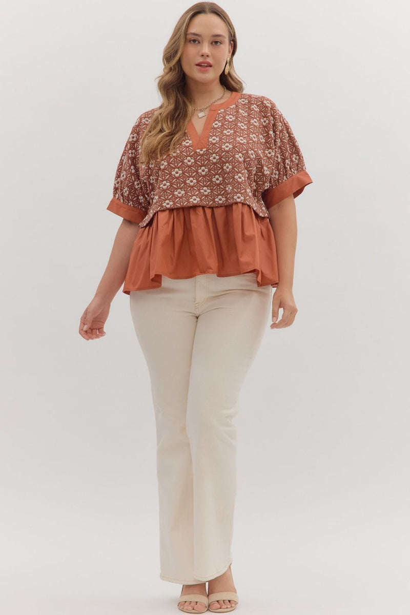 トップス embroidery sheer Uneck pullover(unisex) Floral Jacquard Short Sleeve Pullover Top- Rust – Lizzy Lou