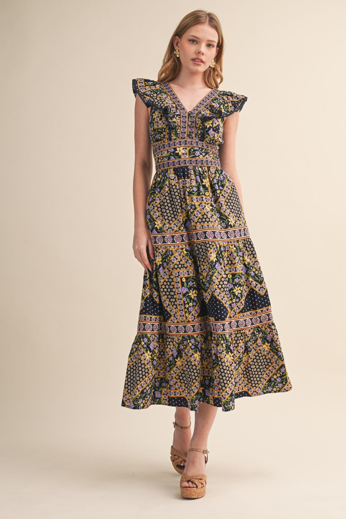 Flutter Sleeve Midi Dress-Deep Navy Multi Lizzy Lou Boutique Flutter Sleeve Midi Dress-Deep Navy Multi Lizzy Lou Boutique