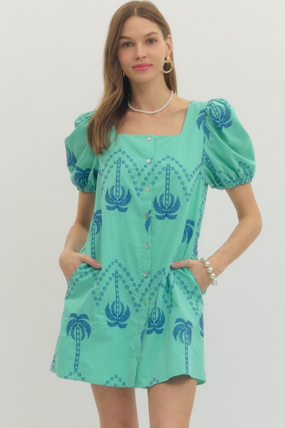Solid embroidered puff sleeve mini dress- Mint – Lizzy Lou Boutique