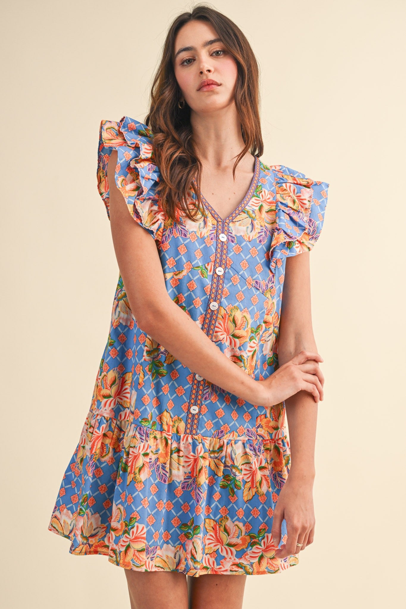 Exclusive Floral Print Flutter Sleeve Mini Dress-Blue Multi – Lizzy Lou Boutique Exclusive Floral Print Flutter Sleeve Mini Dress-Blue Multi – Lizzy Lou Boutique