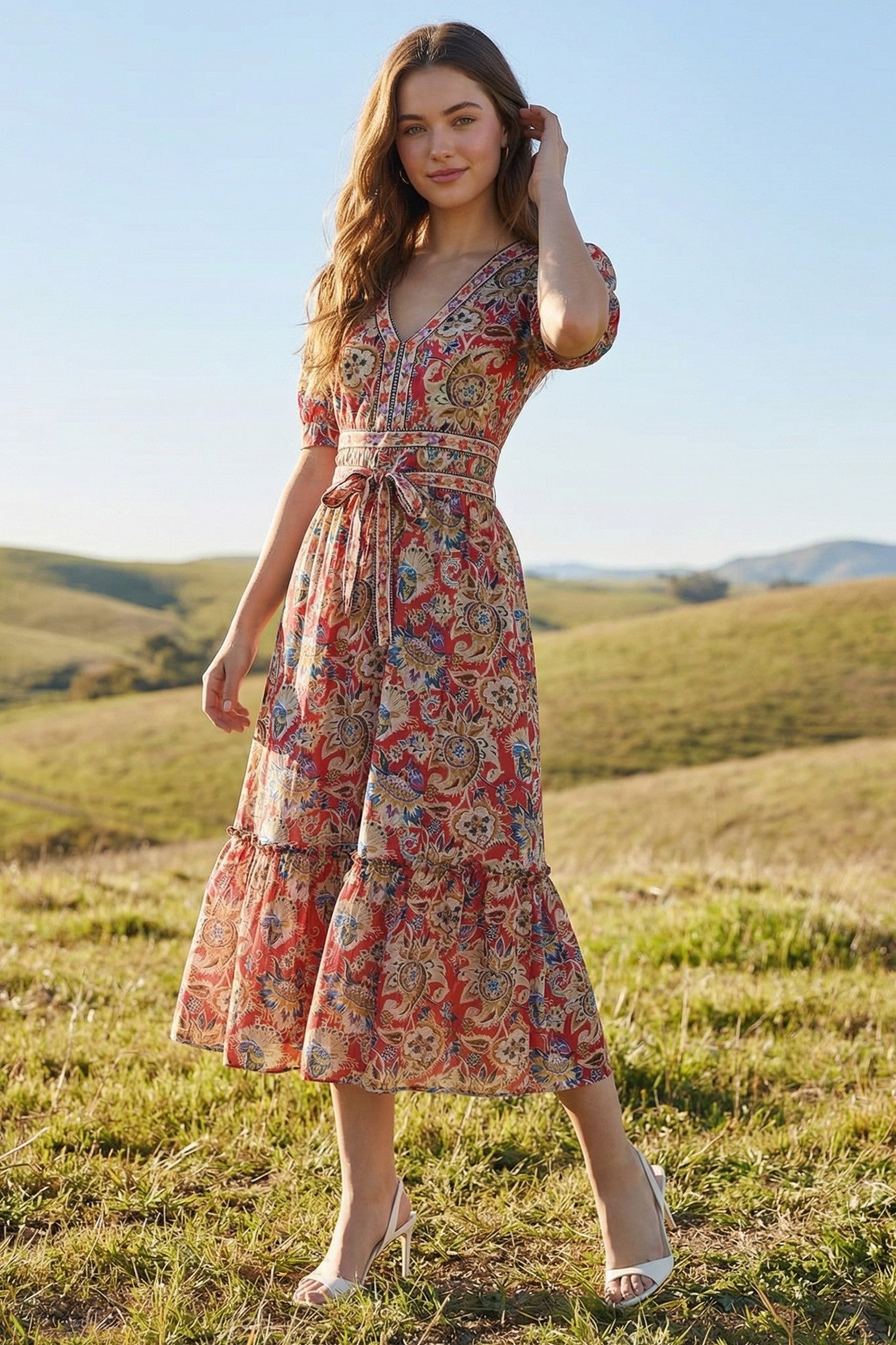 Puffed Short Sleeves Ruffle Hem Midi Dress-Multi – Lizzy Lou Boutique