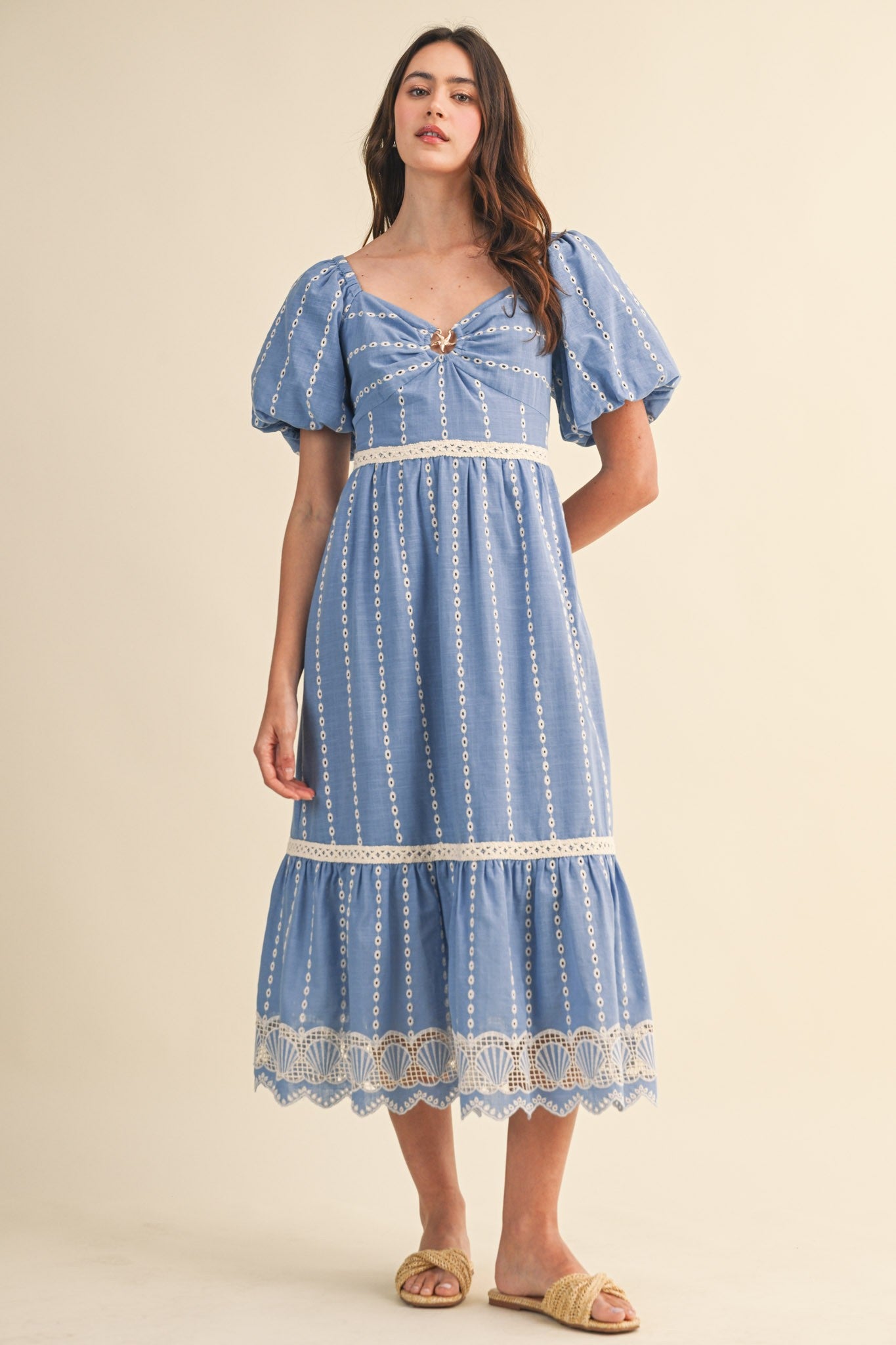 Embroidered Eyelet Seashell Hem Midi Dress- Ocean Blue  Lizzy Lou Boutique