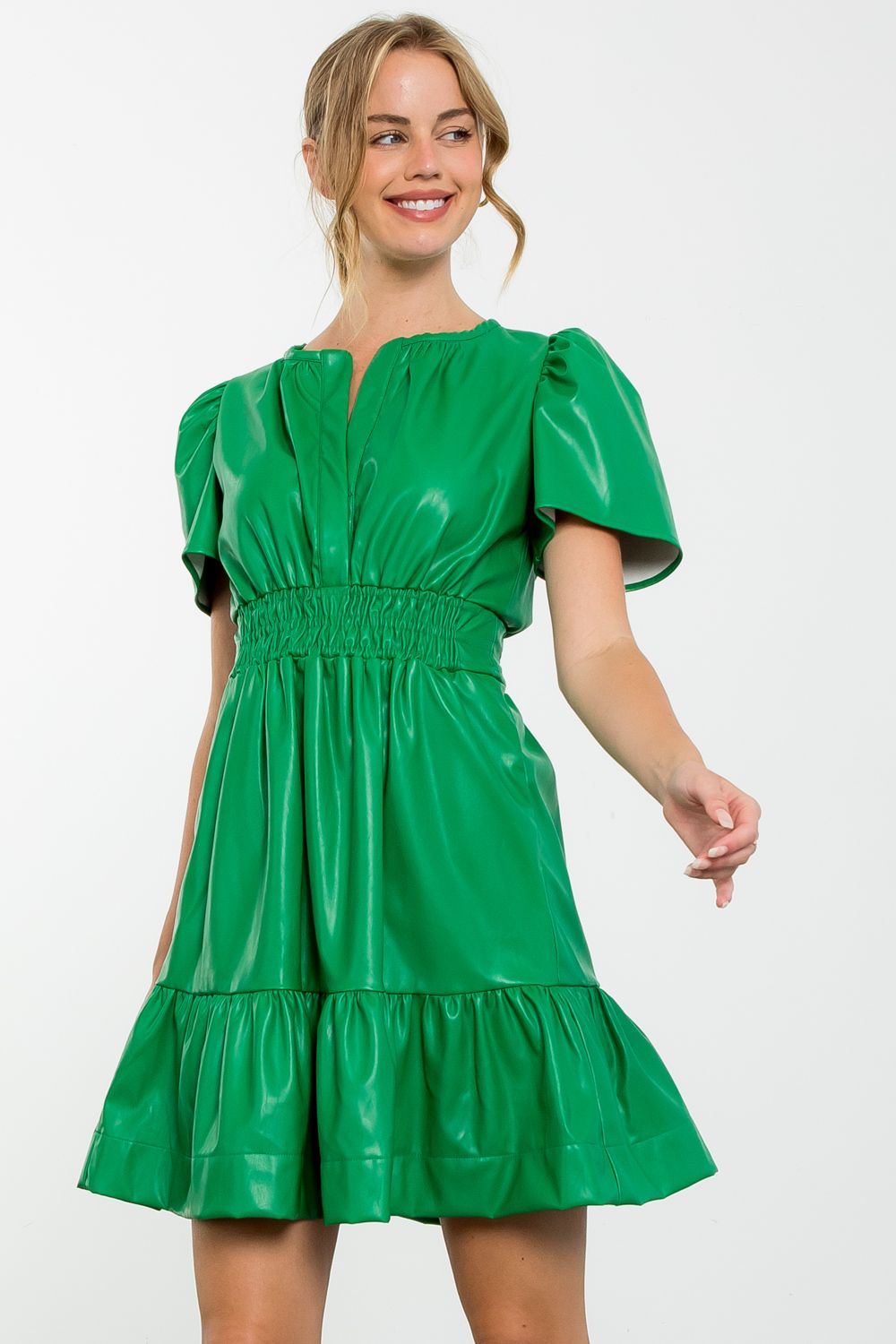 NWT COS recycled nylon emerald green puff sleeve mini dress Sz 8